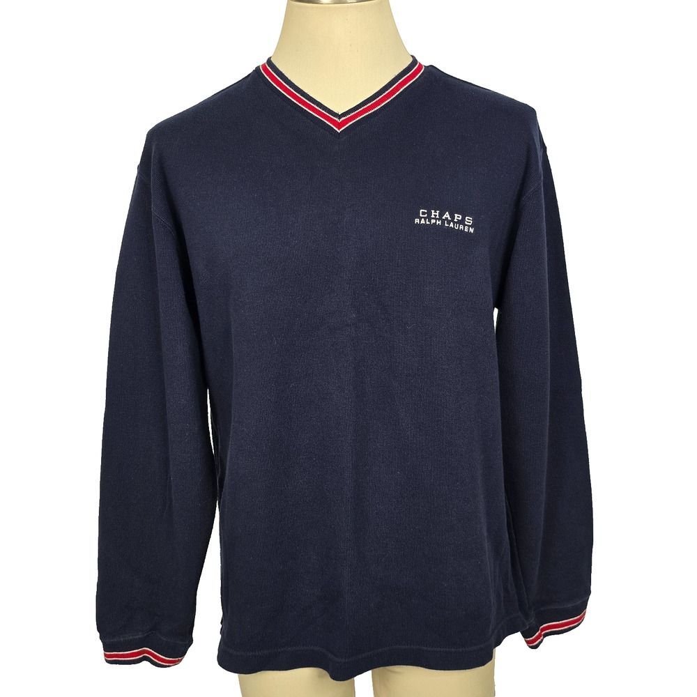 90s Chaps Ralph Lauren Navy Blue Ribbed Cotton V-Neck Shirt Vintage Size M